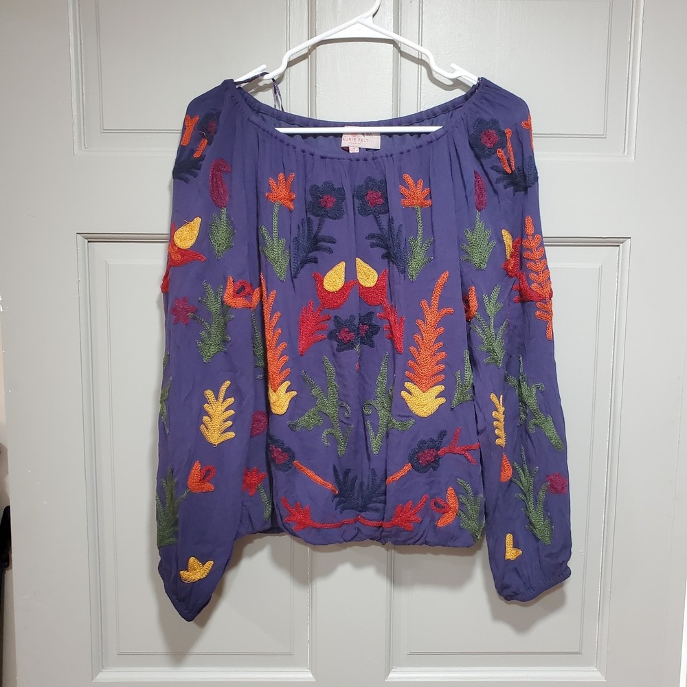 Laurie Felt Women Medium Floral Embroidered Boho Top Ballon Sleeves Cottagecore